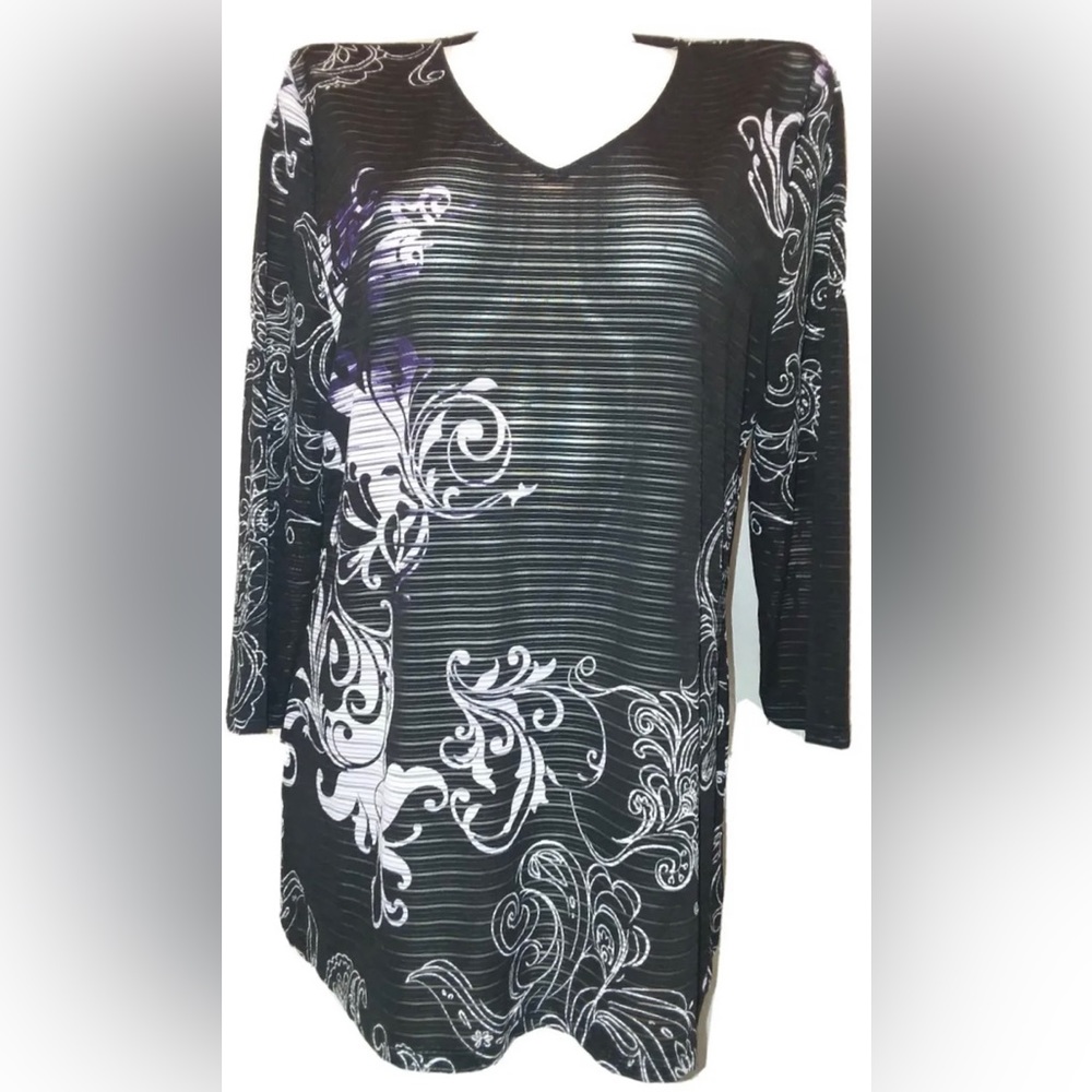 🎶 Chico’s Easywear Black & Purple Sheer Ribbed 3/4 Sleeves Tunic. Size 2, Large